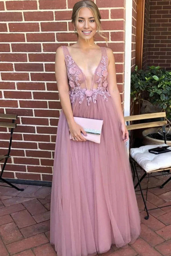 Vestidos de fiesta de encaje con flores, espalda abierta y escote en V en forma de A